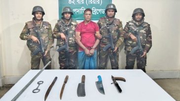 জগন্নাথপুর ও ছাতকের সীমান্তে ডা কা ত সর্দার “কুদ্দুস” দেশীয় আগ্নে য়া স্ত্র সহ সেনাবাহিনীর খাঁচায় বন্দী